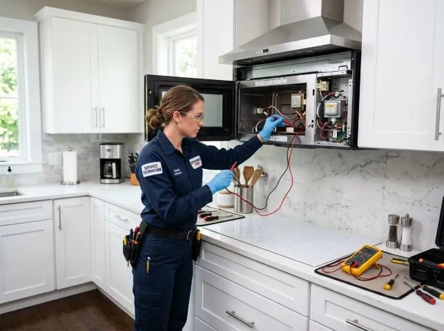 Appliance Repair Hero technician testing an over-the-range microwave in a Asheboro, NC kitchen